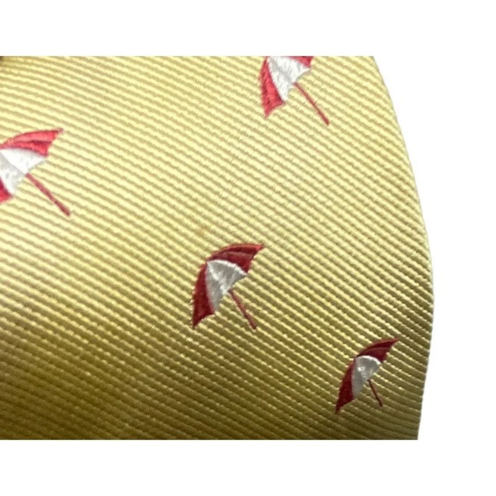 J.Crew Mens Silk Tie Yellow with Red & White Umbrellas Slim Skinny Neck Tie